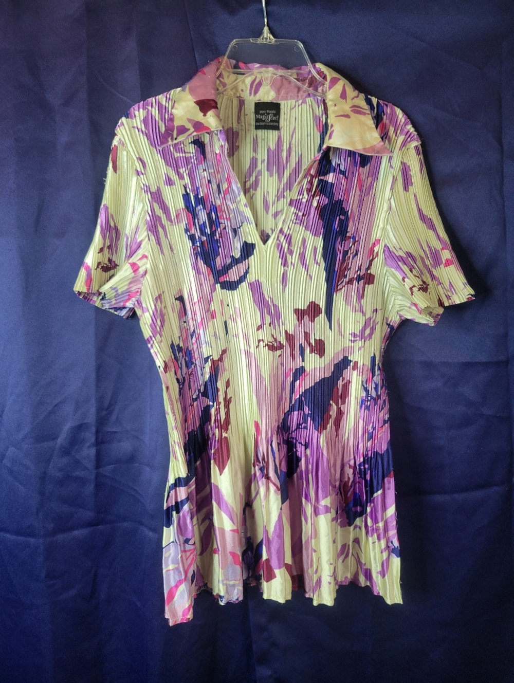 Purple Floral & Cream Pleated V-Neck Collored Blouse